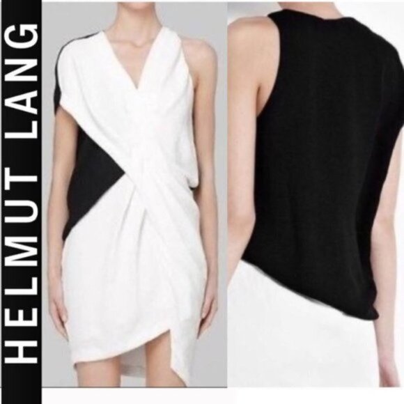 HELMUT Lang Black and White Draped Sheath Dress Size 6 medium​ - Picture 1 of 14